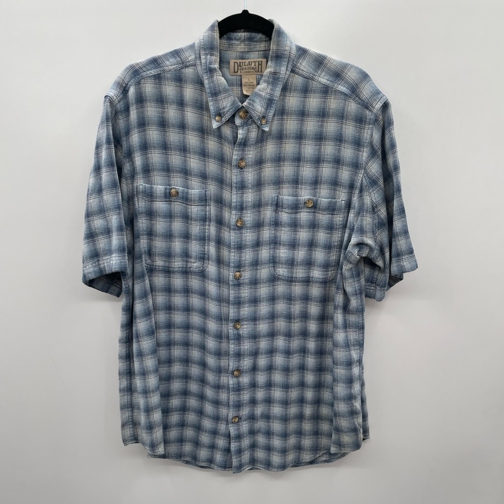 Duluth blue plaid shirt sleeve button men hemp organic cotton workwear top L